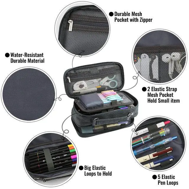 Alt view image 4 of 7 - Large Capacity Pencil Case, 4 Compartment Pen Pouch Organizer with Double Zipper, Storage Bag for School, Office, Teen Girl Boy Men Women (Black Grey)
