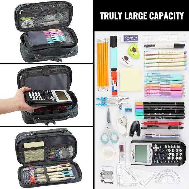 Alt view image 5 of 7 - Large Capacity Pencil Case, 4 Compartment Pen Pouch Organizer with Double Zipper, Storage Bag for School, Office, Teen Girl Boy Men Women (Black Grey)