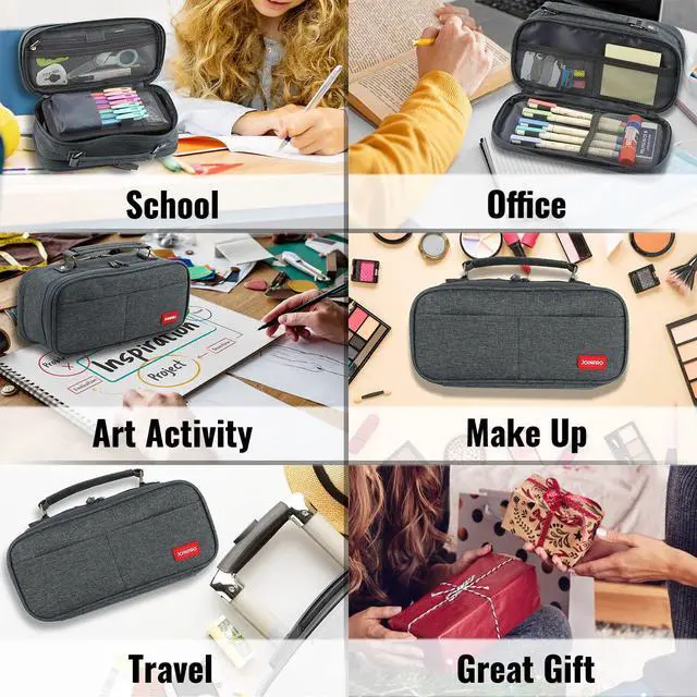 Alt view image 7 of 7 - Large Capacity Pencil Case, 4 Compartment Pen Pouch Organizer with Double Zipper, Storage Bag for School, Office, Teen Girl Boy Men Women (Black Grey)