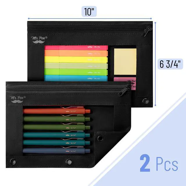Alt view image 2 of 7 - Pencil Pouch for 3 Ring Binder, 2 Pack, 10"x6.75", Smooth Zipper | Clear Window, Large Capacity Pencil Case with 3 Reinforced Grommets for School, Office, Supplies Storage