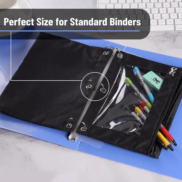 Alt view image 3 of 7 - Pencil Pouch for 3 Ring Binder, 2 Pack, 10"x6.75", Smooth Zipper | Clear Window, Large Capacity Pencil Case with 3 Reinforced Grommets for School, Office, Supplies Storage