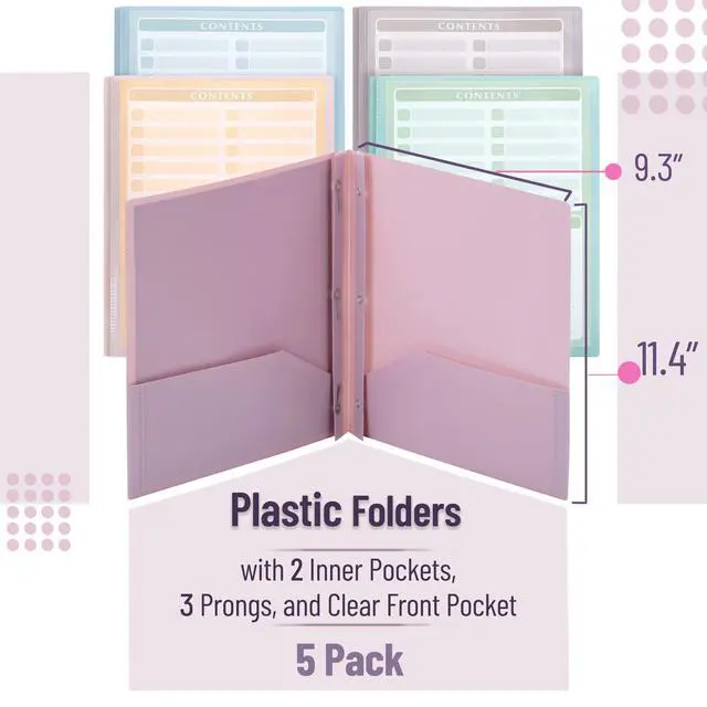 Alt view image 2 of 7 - Plastic Folders with Clear Front Pocket, 5 pcs, Pastel Colors