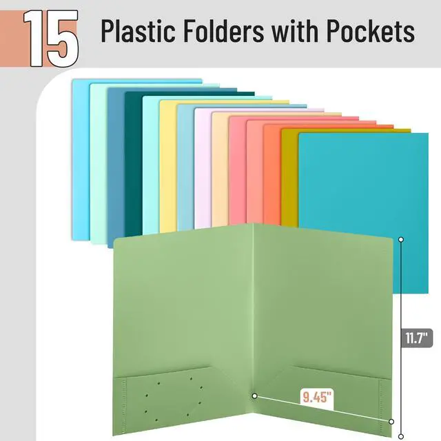 Alt view image 2 of 7 - Plastic Folders with Pockets, 15 pcs | Aesthetic File Folder with Business Card Slot, 2-Pocket Folder, Back to School, Office, Filing Supplies