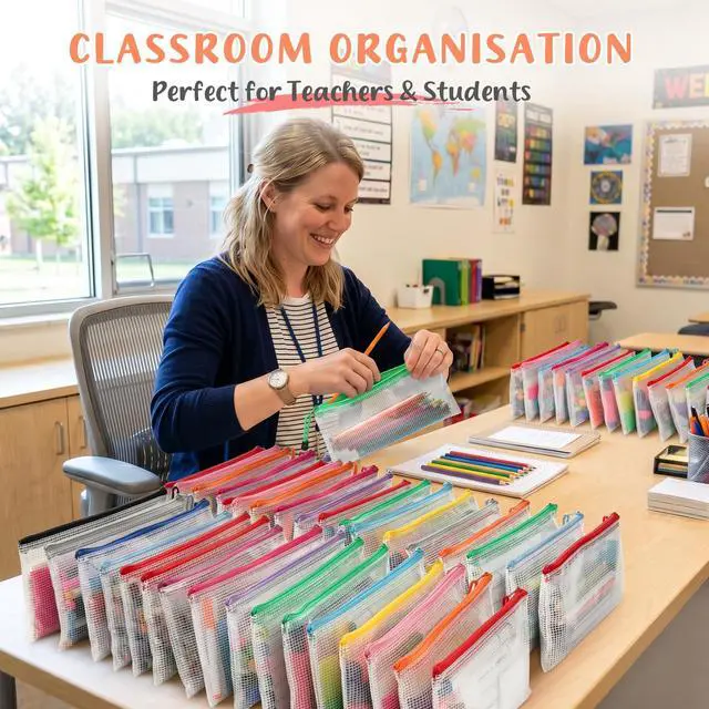 Alt view image 4 of 5 - 24 Pack Pencil Pouches, A6 Waterproof PVC Pencil Bags, 12 Colors Mesh Zipper Pouches for School Supplies, Classroom Organisation, Office Documents & Travel Storage