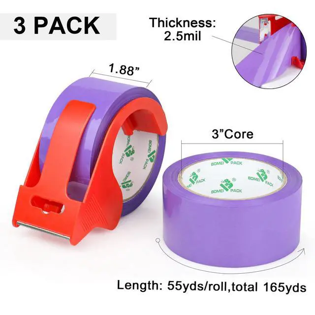 Alt view image 2 of 7 - 3 Rolls Purple Heavy Duty Packing Tape with red Dispenser, Packaging Tape 1.88 Inches x 55Yards, 2.5mil Industrial Shipping Tape for Moving Shipping, Office & Storage
