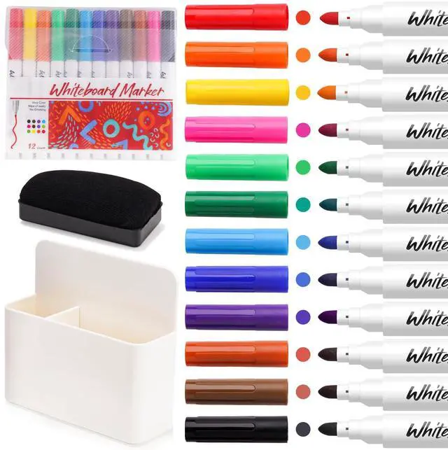 Main image of Dry Erase Marker, 12 Colors Fine Tip Whiteboard Set w/Eraser & Holder