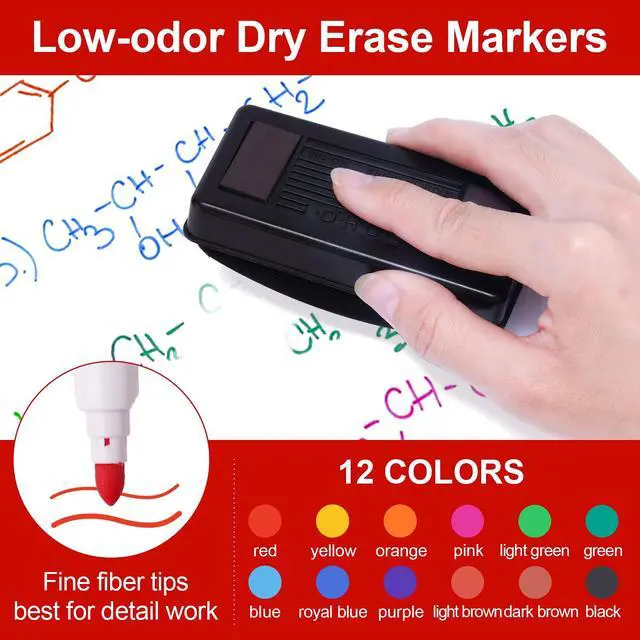 Alt view image 2 of 5 - Dry Erase Marker, 12 Colors Fine Tip Whiteboard Set w/Eraser & Holder