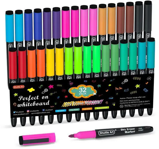 Main image of Dry Erase Markers, 32 Pack 16 Colors Magnetic Whiteboard Markers with Erase, Fine Point Dry Erase Markers Perfect For Writing on Whiteboards,Mirrors for School Office Home