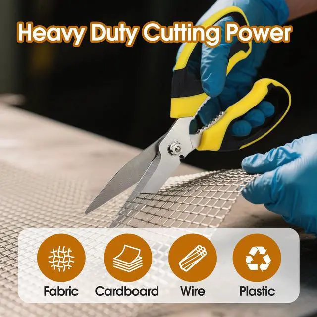Alt view image 3 of 7 - 8 Inch Utility Scissors for Kitchen, Office, Craft & DIY Heavy Duty Stainless Steel Multipurpose Scissors for Cutting Cardboard, Fabric, Carpet, Wire and Leather with Protective Cover