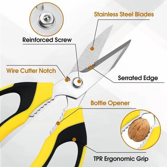 Alt view image 2 of 7 - 8 Inch Utility Scissors for Kitchen, Office, Craft & DIY Heavy Duty Stainless Steel Multipurpose Scissors for Cutting Cardboard, Fabric, Carpet, Wire and Leather with Protective Cover