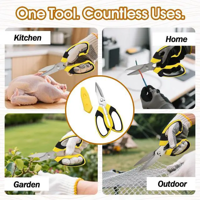 Alt view image 6 of 7 - 8 Inch Utility Scissors for Kitchen, Office, Craft & DIY Heavy Duty Stainless Steel Multipurpose Scissors for Cutting Cardboard, Fabric, Carpet, Wire and Leather with Protective Cover