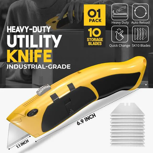 Alt view image 2 of 6 - Auto Reload Utility Knife with 10 Preloaded SK5 Blades, Heavy Duty Box Cutter Retractable and Razor Knife with Non-Slip Rubber Handle and Lanyard Hole