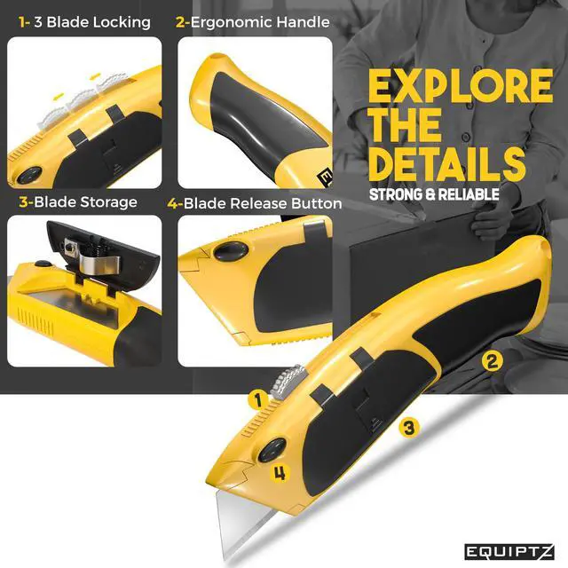 Alt view image 3 of 6 - Auto Reload Utility Knife with 10 Preloaded SK5 Blades, Heavy Duty Box Cutter Retractable and Razor Knife with Non-Slip Rubber Handle and Lanyard Hole