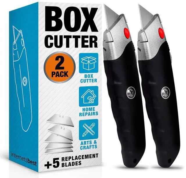 Main image of Premium Utility Knife Set | Retractable Box Cutter with Rubber Handle | Heavy-Duty Cutting for Cardboard, Carpet, Plastic | Retractable Blade | Includes 2 Razor Knives & Extra Blades