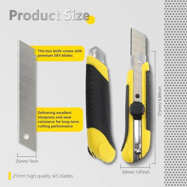 Alt view image 2 of 7 - 25mm Heavy Duty Utility Knife,10pcs SK5 Snap-Off Blades,Retractable Lock Box Cutter with Anti-Slip Rubber Grip for Office DIY