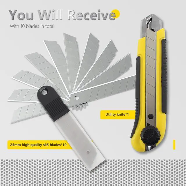 Alt view image 3 of 7 - 25mm Heavy Duty Utility Knife,10pcs SK5 Snap-Off Blades,Retractable Lock Box Cutter with Anti-Slip Rubber Grip for Office DIY