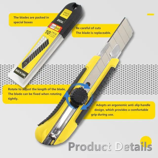 Alt view image 5 of 7 - 25mm Heavy Duty Utility Knife,10pcs SK5 Snap-Off Blades,Retractable Lock Box Cutter with Anti-Slip Rubber Grip for Office DIY