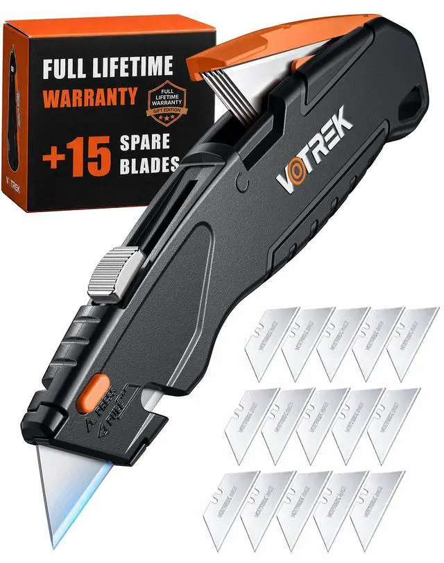 Main image of Box Cutter Retractable| Metal Utility KnifeBuilt-In StorageTool-Free Quick Blade Change| Extra 15 Sharp SK5 Blades| Heavy Duty Razor Knife for Cardboard & Plastic| Paper Craft Tools(Black)