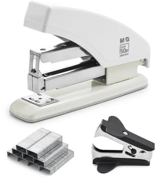 Main image of Effortless Stapler for Desk, 50 Sheet Capacity, Heavy Duty Desktop Stapler with 1000 Staples & Staple Remover, One Finger Touch, Good for Office Home School, White