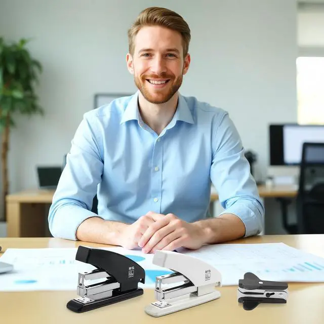 Alt view image 2 of 7 - Effortless Stapler for Desk, 50 Sheet Capacity, Heavy Duty Desktop Stapler with 1000 Staples & Staple Remover, One Finger Touch, Good for Office Home School, White