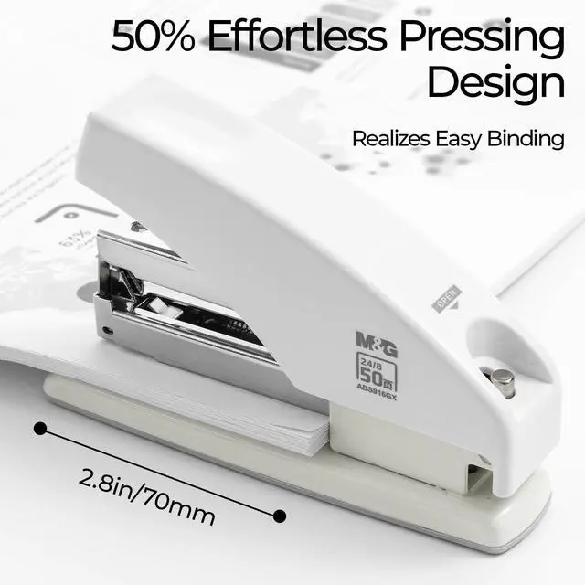 Alt view image 3 of 7 - Effortless Stapler for Desk, 50 Sheet Capacity, Heavy Duty Desktop Stapler with 1000 Staples & Staple Remover, One Finger Touch, Good for Office Home School, White