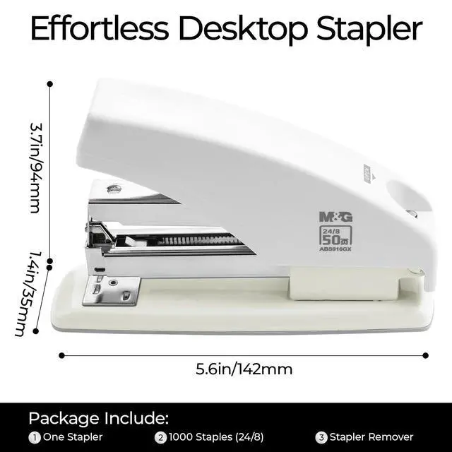 Alt view image 4 of 7 - Effortless Stapler for Desk, 50 Sheet Capacity, Heavy Duty Desktop Stapler with 1000 Staples & Staple Remover, One Finger Touch, Good for Office Home School, White
