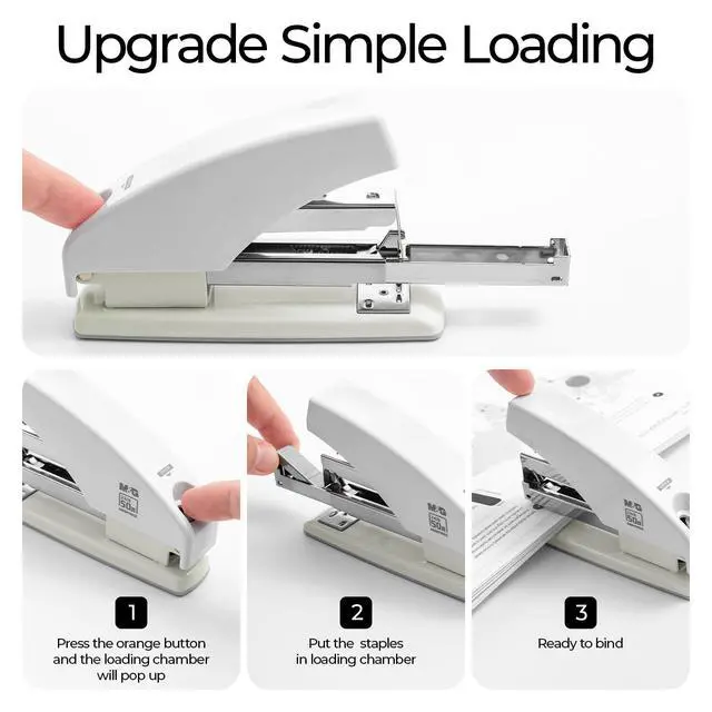 Alt view image 5 of 7 - Effortless Stapler for Desk, 50 Sheet Capacity, Heavy Duty Desktop Stapler with 1000 Staples & Staple Remover, One Finger Touch, Good for Office Home School, White