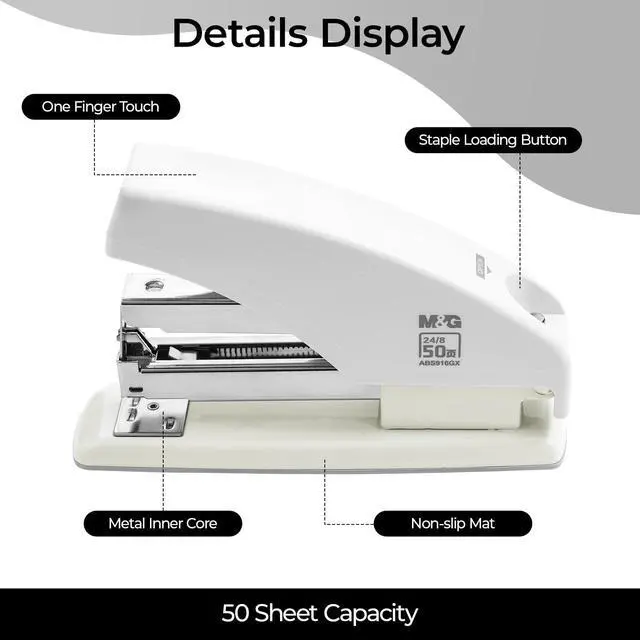 Alt view image 6 of 7 - Effortless Stapler for Desk, 50 Sheet Capacity, Heavy Duty Desktop Stapler with 1000 Staples & Staple Remover, One Finger Touch, Good for Office Home School, White