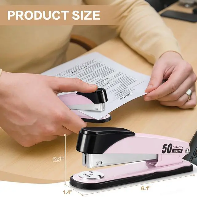 Alt view image 2 of 7 - Stapler Heavy Duty, Full Strip Staplers for Desk with 2000 Staples and Staple Remover, 50 Sheet Capacity, No Jam, Non-Slip Office Stapler with Staples for Office, Classroom, Pink