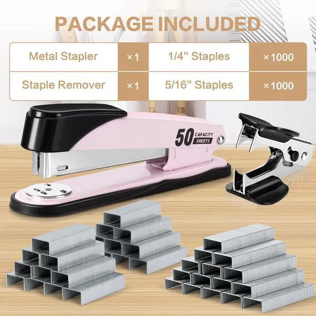 Alt view image 3 of 7 - Stapler Heavy Duty, Full Strip Staplers for Desk with 2000 Staples and Staple Remover, 50 Sheet Capacity, No Jam, Non-Slip Office Stapler with Staples for Office, Classroom, Pink