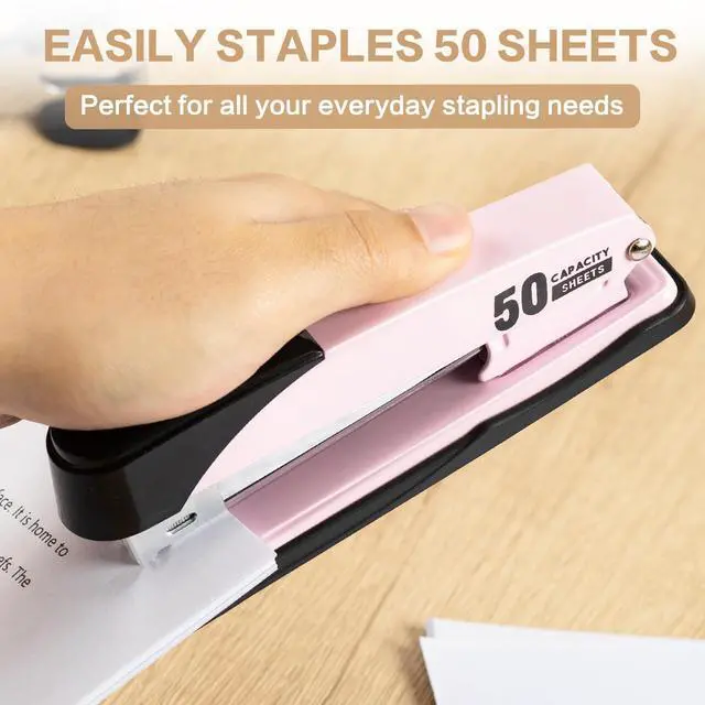 Alt view image 4 of 7 - Stapler Heavy Duty, Full Strip Staplers for Desk with 2000 Staples and Staple Remover, 50 Sheet Capacity, No Jam, Non-Slip Office Stapler with Staples for Office, Classroom, Pink