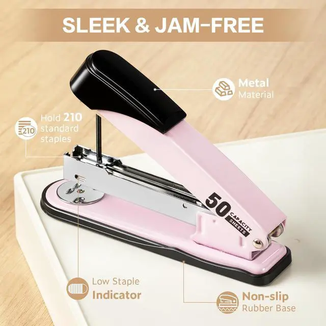 Alt view image 6 of 7 - Stapler Heavy Duty, Full Strip Staplers for Desk with 2000 Staples and Staple Remover, 50 Sheet Capacity, No Jam, Non-Slip Office Stapler with Staples for Office, Classroom, Pink