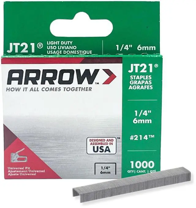 Main image of 214 JT21 Thin Wire Staples for Staple Guns and Staplers, Use for Upholstery, Crafts, General Repairs, 1/4-Inch Leg Length, 7/16-Inch Crown Width, 1000-Pack, Grey