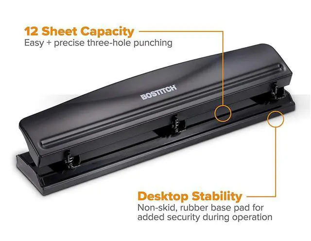 Alt view image 2 of 7 - Office 3 Hole Punch, Durable Metal, Rubber Base, 12 Sheets, Black