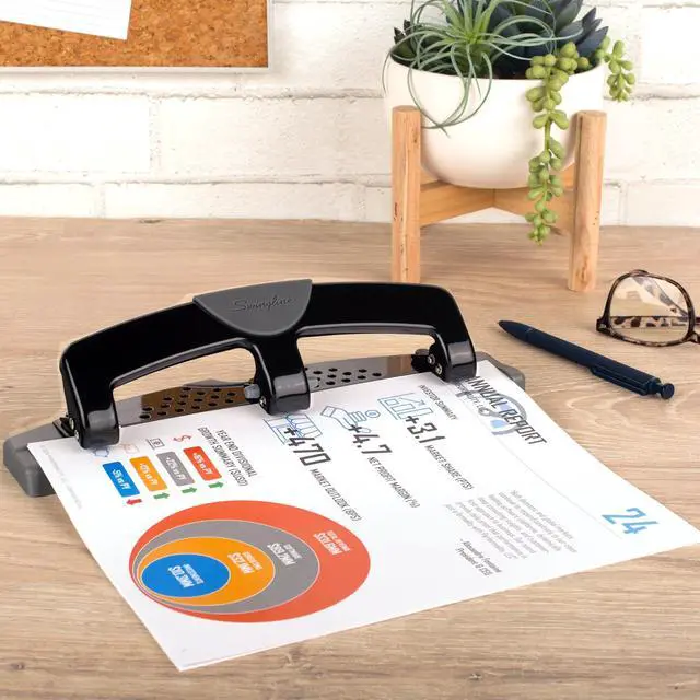 Alt view image 2 of 7 - 3 Hole Punch, 12 Sheet Capacity Three Hole Puncher 3 Ring, Paper Punch, SmartTouch Low Effort, Alignment Guide, Black & Silver (74134)