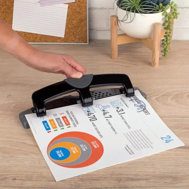 Alt view image 3 of 7 - 3 Hole Punch, 12 Sheet Capacity Three Hole Puncher 3 Ring, Paper Punch, SmartTouch Low Effort, Alignment Guide, Black & Silver (74134)
