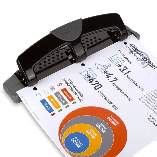 Alt view image 6 of 7 - 3 Hole Punch, 12 Sheet Capacity Three Hole Puncher 3 Ring, Paper Punch, SmartTouch Low Effort, Alignment Guide, Black & Silver (74134)