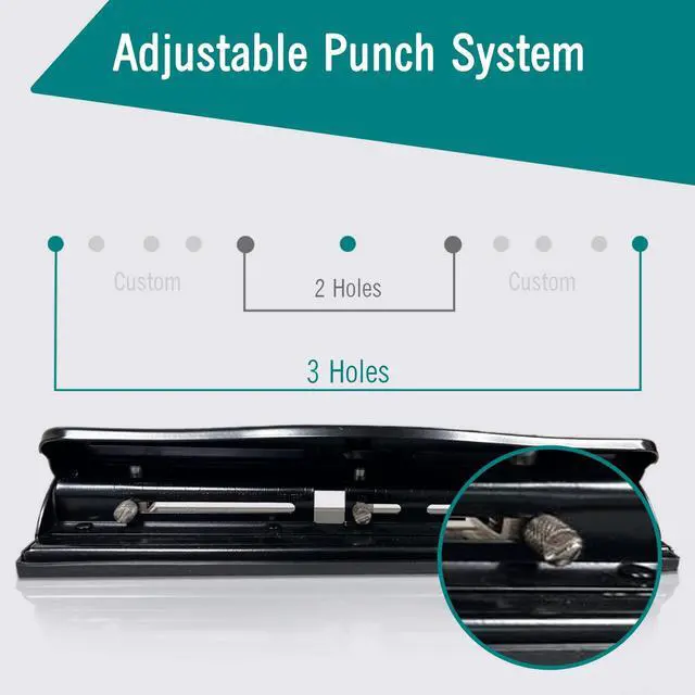 Alt view image 2 of 7 - 3 Hole Punch for Binder, Adjustable Heavy Duty 3 Ring Hole Punch 10 Sheet Capacity Durable Metal Three Hole Puncher with Paper Guide Rubber Base, Easy Clean Tray for Office, School