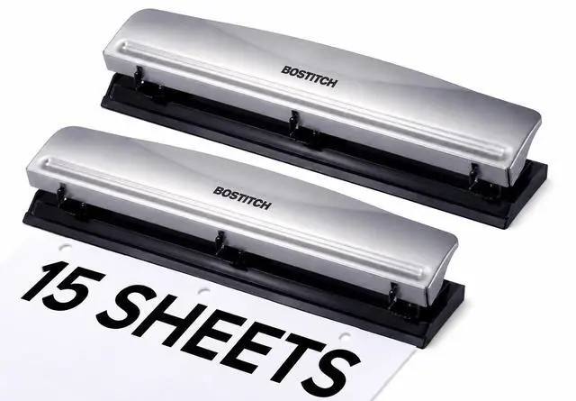 Main image of Office Premium 3 Hole Punch, 15 Sheet Capacity, Metal, Rubber Base, Easy-Clean Tray, Silver, 2-Pack