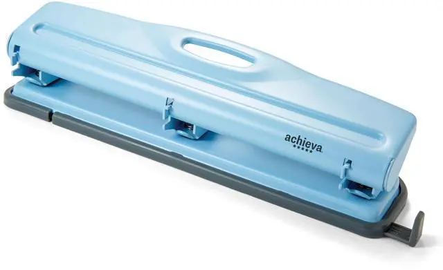 Main image of Economy 3-Hole Punch - 12 Sheet Capacity, Paper Punch with Retractable Paper Guide, Easy Pull Chip Tray with See-Thru Window, Solid Steel Construction, Blue