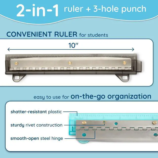 Alt view image 3 of 7 - Set of 3 Hole Punch for Binder, Plastic Portable Ruler with Hole Puncher for Binder or Notebook, Easy to Use Flat Hole Punch for School or Office Use, Assorted Colors, 3 Pack