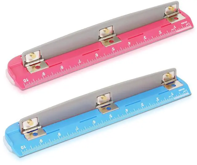 Main image of 3 Hole Puncher 2 Pack - 5 Sheet Capacity Paper Punch with 10" Ruler - 3 Ring Easy-Clean Tray, Portable, Compact - Blue Pink