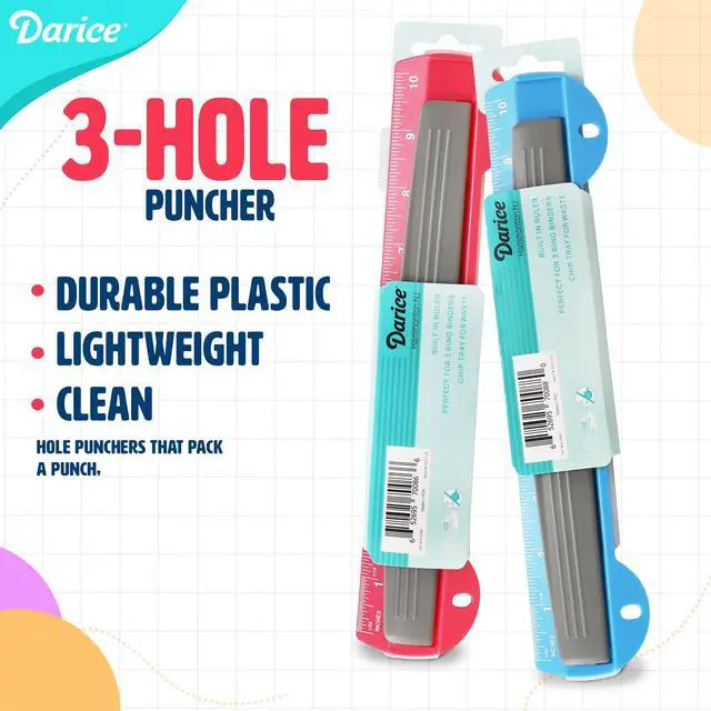 Alt view image 5 of 7 - 3 Hole Puncher 2 Pack - 5 Sheet Capacity Paper Punch with 10" Ruler - 3 Ring Easy-Clean Tray, Portable, Compact - Blue Pink