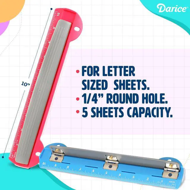 Alt view image 3 of 7 - 3 Hole Puncher 2 Pack - 5 Sheet Capacity Paper Punch with 10" Ruler - 3 Ring Easy-Clean Tray, Portable, Compact - Blue Pink