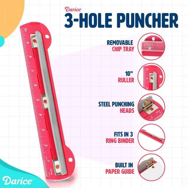 Alt view image 4 of 7 - 3 Hole Puncher 2 Pack - 5 Sheet Capacity Paper Punch with 10" Ruler - 3 Ring Easy-Clean Tray, Portable, Compact - Blue Pink