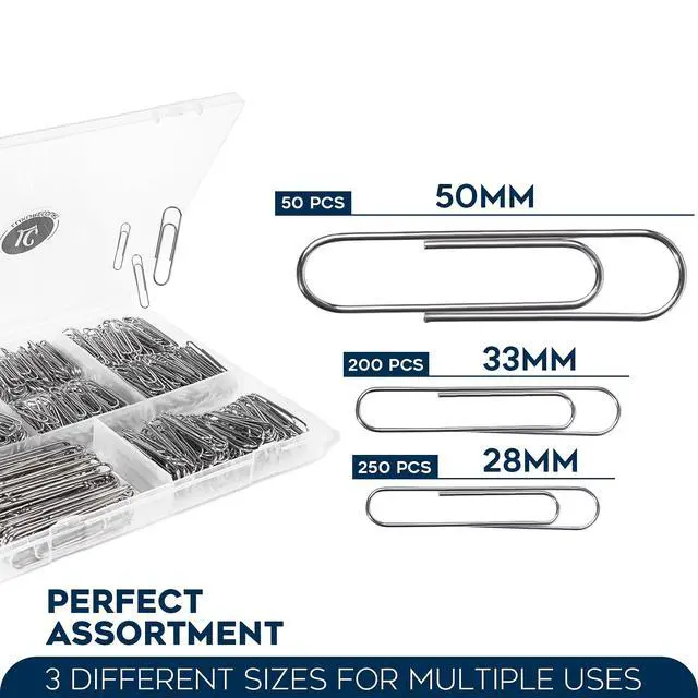 Alt view image 2 of 6 - 500 Pack Paper Clips by 3 Assorted Sizes Silver Small & Large