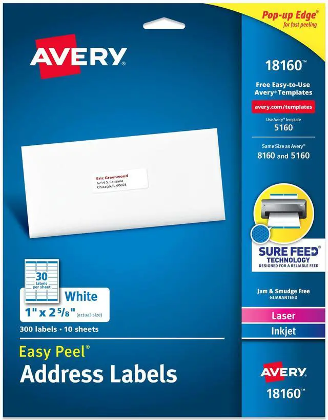Main image of Easy Peel Printable Address Labels, Sure Feed Technology, 1" x 2-5/8" Customizable Stickers, White, 300 Blank Mailing Labels, Great for Mailing, Shipping, and More (18160)