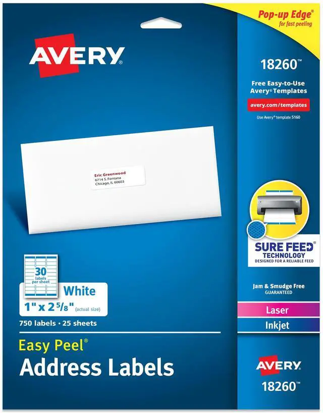 Main image of Easy Peel® Printable Address Labels, Sure Feed® Technology, 1" x 2-5/8" Customizable Stickers, White, 750 Blank Mailing Labels, Great for Mailing, Shipping, and More (18260)