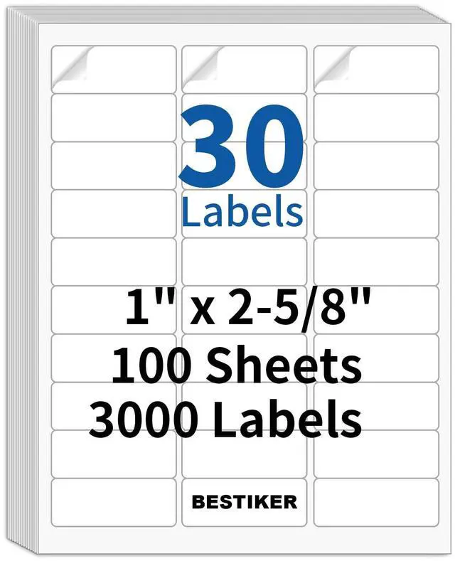 Main image of 3000 Address Labels, BESTIKER 1 x 2-5/8 Printable Mailing Label for Envelopes, 30up Labels White Stickers for Laser Inkjet Printers, FBA Barcode Label 100 Sheets