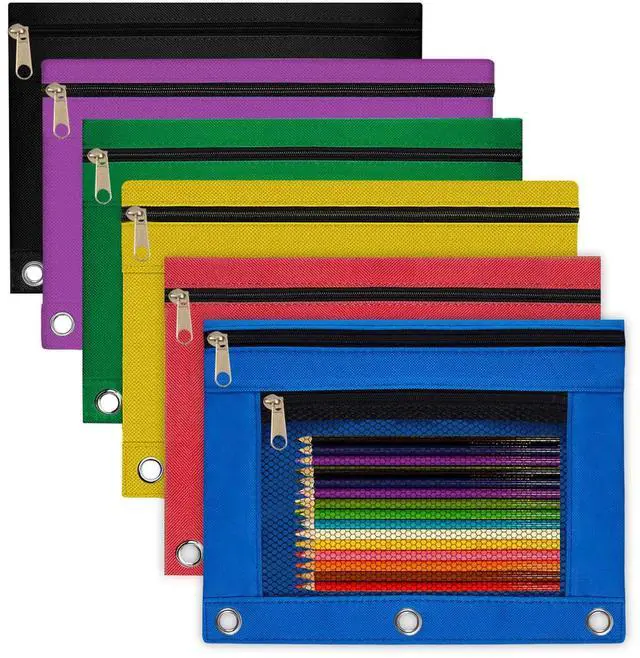 Main image of Pencil Pouch for 3 Ring Binder 6 Pack Pencil Bags with Zipper Pencil Case for Binder Large Pencil Case Pouch 3 Ring with Clear Mesh Window Double Pockets Office Supplies Assorted Color